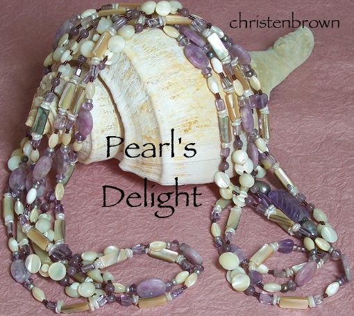 necklace strand made from amethyst and mother of pearl buttons