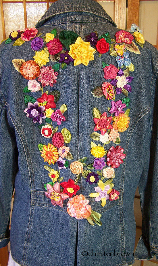 jean jacket embellished with ribbonwork flowers