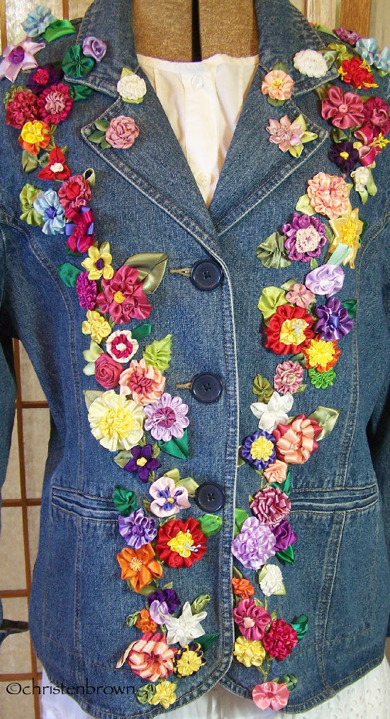 jean jacket with ribbonwork flowers